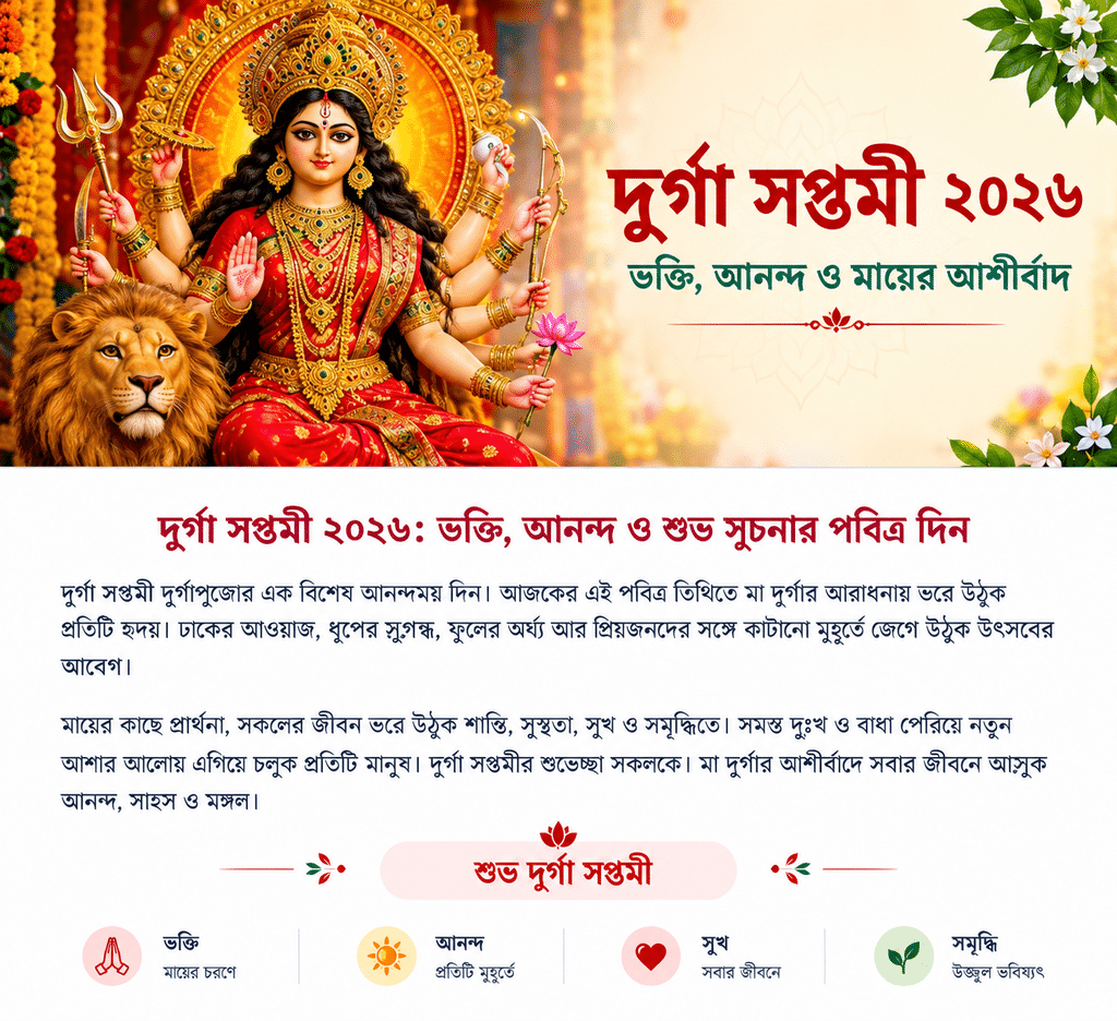 মা দুর্গার প্রতিমা ও দুর্গা সপ্তমীর শুভেচ্ছা